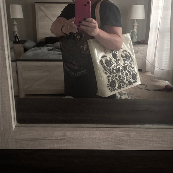 Consuela Shimmering Cream Tote with Black Floral Design - Picture 7 of 10